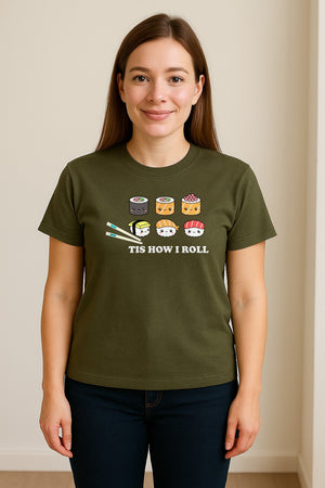 Sushi T-Shirt, Tis How I Roll Cute Japanese Food Graphic for Foodies and Restaurant Fans