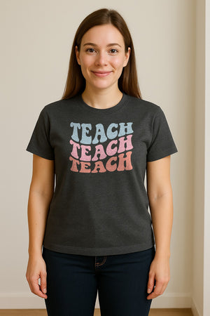Teacher T-Shirt, Retro Repeated Teach Lettering Graphic for Elementary School Educators and Staff