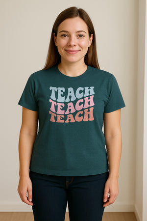 Teacher T-Shirt, Retro Repeated Teach Lettering Graphic for Elementary School Educators and Staff