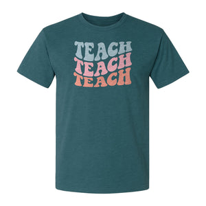 Teacher T-Shirt, Retro Repeated Teach Lettering Graphic for Elementary School Educators and Staff