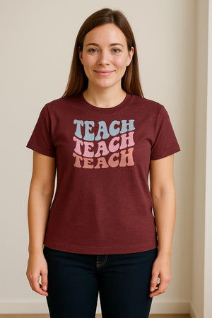 Teacher T-Shirt, Retro Repeated Teach Lettering Graphic for Elementary School Educators and Staff