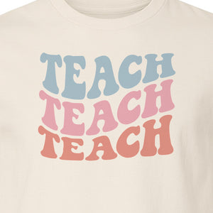 Teacher T-Shirt, Retro Repeated Teach Lettering Graphic for Elementary School Educators and Staff