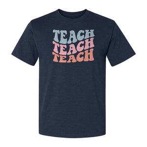 Teacher T-Shirt, Retro Repeated Teach Lettering Graphic for Elementary School Educators and Staff