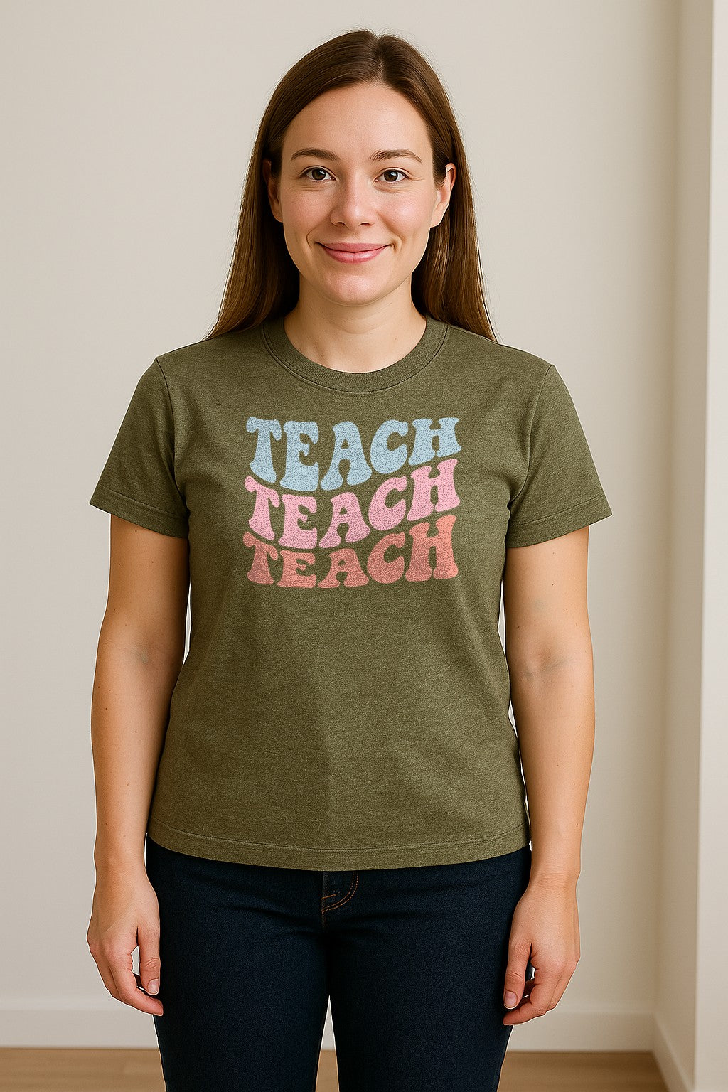 Teacher T-Shirt, Retro Repeated Teach Lettering Graphic for Elementary School Educators and Staff