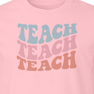 Teacher T-Shirt, Retro Repeated Teach Lettering Graphic for Elementary School Educators and Staff