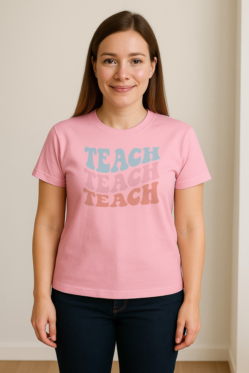 Teacher T-Shirt, Retro Repeated Teach Lettering Graphic for Elementary School Educators and Staff