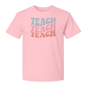 Teacher T-Shirt, Retro Repeated Teach Lettering Graphic for Elementary School Educators and Staff