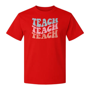 Teacher T-Shirt, Retro Repeated Teach Lettering Graphic for Elementary School Educators and Staff
