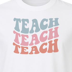 Teacher T-Shirt, Retro Repeated Teach Lettering Graphic for Elementary School Educators and Staff