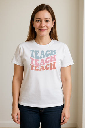 Teacher T-Shirt, Retro Repeated Teach Lettering Graphic for Elementary School Educators and Staff