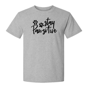 Stay Pawsitive Dog Paw Print T-Shirt, Script Design for Pet Owners and Animal Lovers
