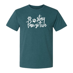 Stay Pawsitive Dog Paw Print T-Shirt, Script Design for Pet Owners and Animal Lovers