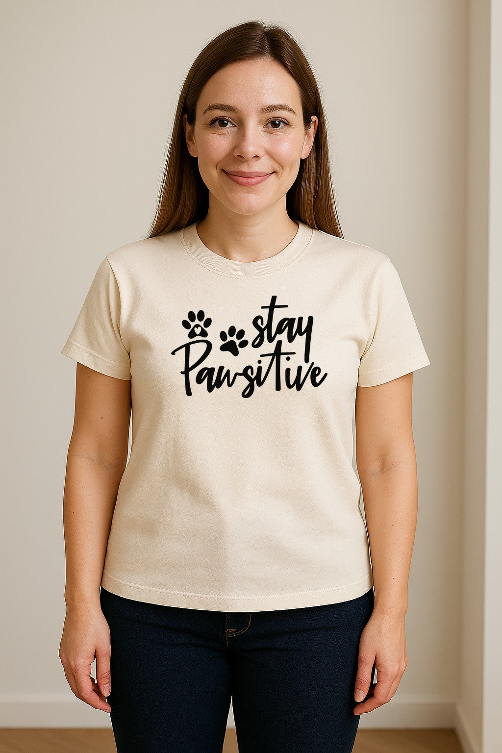Stay Pawsitive Dog Paw Print T-Shirt, Script Design for Pet Owners and Animal Lovers