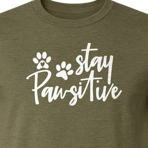 Stay Pawsitive Dog Paw Print T-Shirt, Script Design for Pet Owners and Animal Lovers