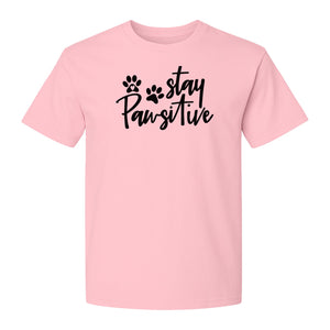 Stay Pawsitive Dog Paw Print T-Shirt, Script Design for Pet Owners and Animal Lovers