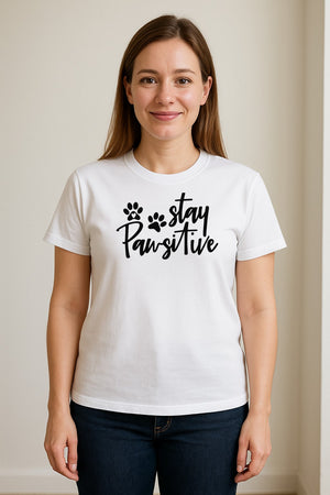 Stay Pawsitive Dog Paw Print T-Shirt, Script Design for Pet Owners and Animal Lovers