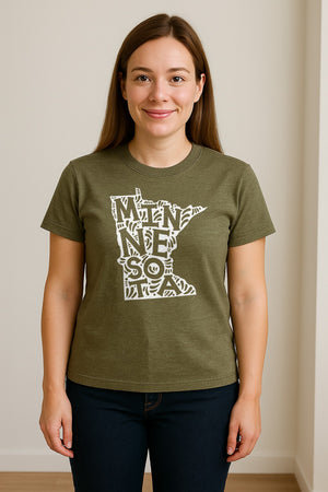 Minnesota T-Shirt, Typography Map Design for Home State Pride and Midwest Travel Gifts