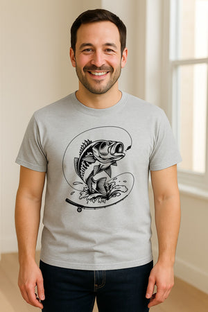 Fishing T-Shirt, Jumping Bass and Rod Graphic for Anglers, Fishermen and Dad Gifts