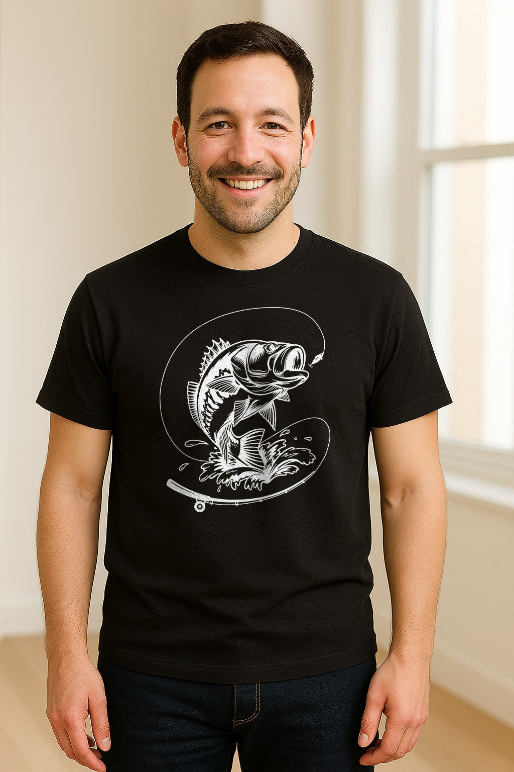 Fishing T-Shirt, Jumping Bass and Rod Graphic for Anglers, Fishermen and Dad Gifts