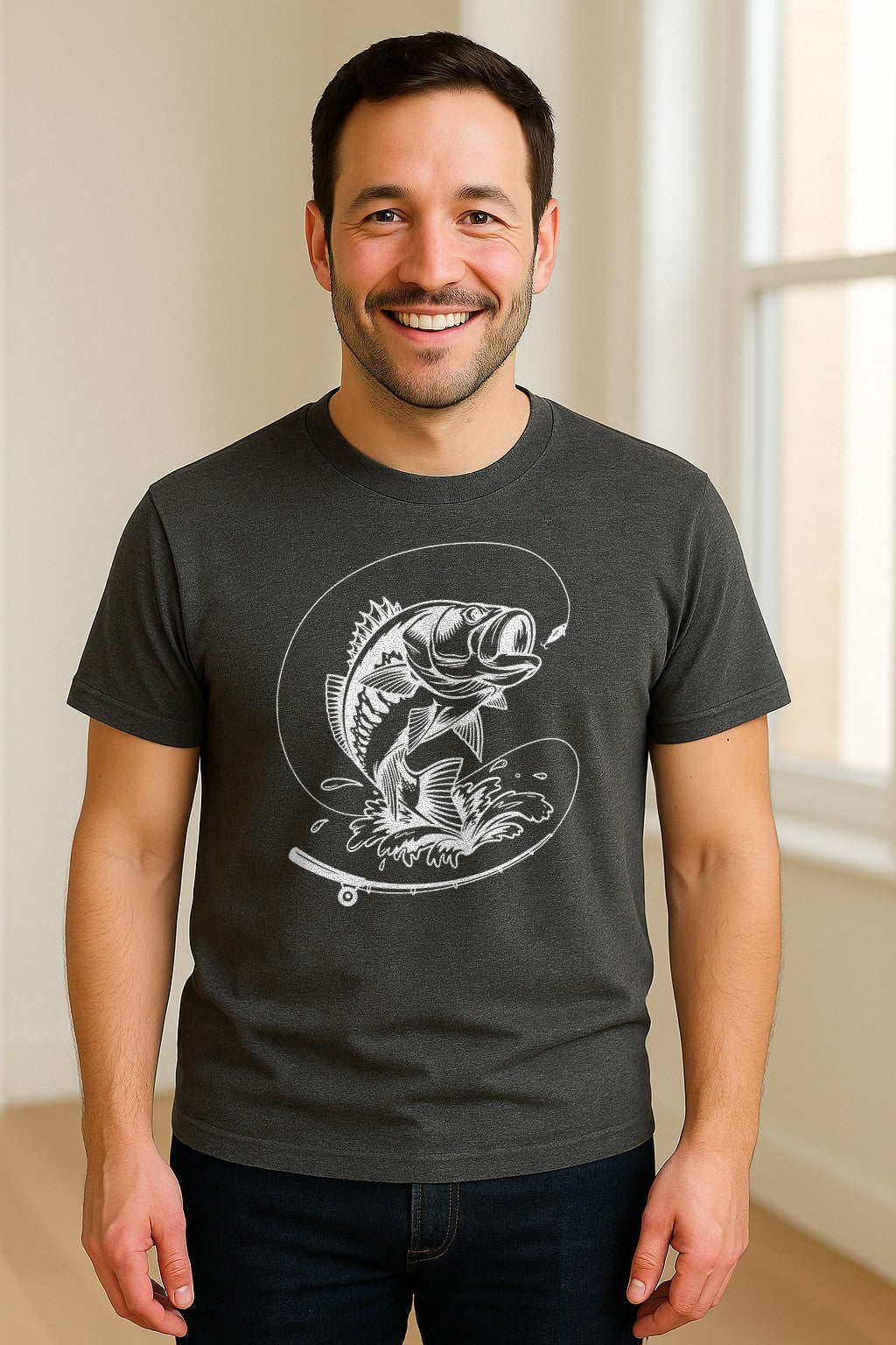 Fishing T-Shirt, Jumping Bass and Rod Graphic for Anglers, Fishermen and Dad Gifts