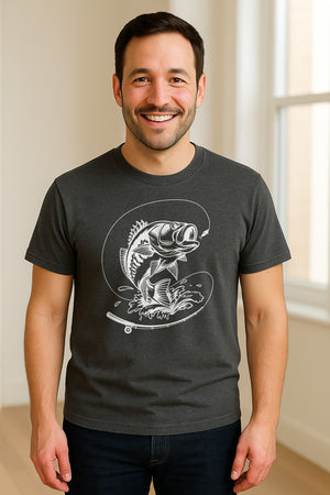 Fishing T-Shirt, Jumping Bass and Rod Graphic for Anglers, Fishermen and Dad Gifts