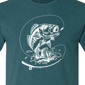 Fishing T-Shirt, Jumping Bass and Rod Graphic for Anglers, Fishermen and Dad Gifts