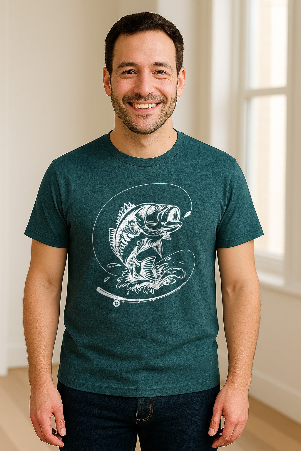 Fishing T-Shirt, Jumping Bass and Rod Graphic for Anglers, Fishermen and Dad Gifts