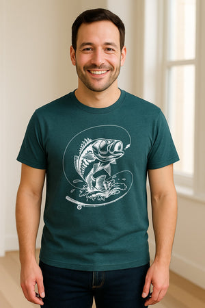 Fishing T-Shirt, Jumping Bass and Rod Graphic for Anglers, Fishermen and Dad Gifts