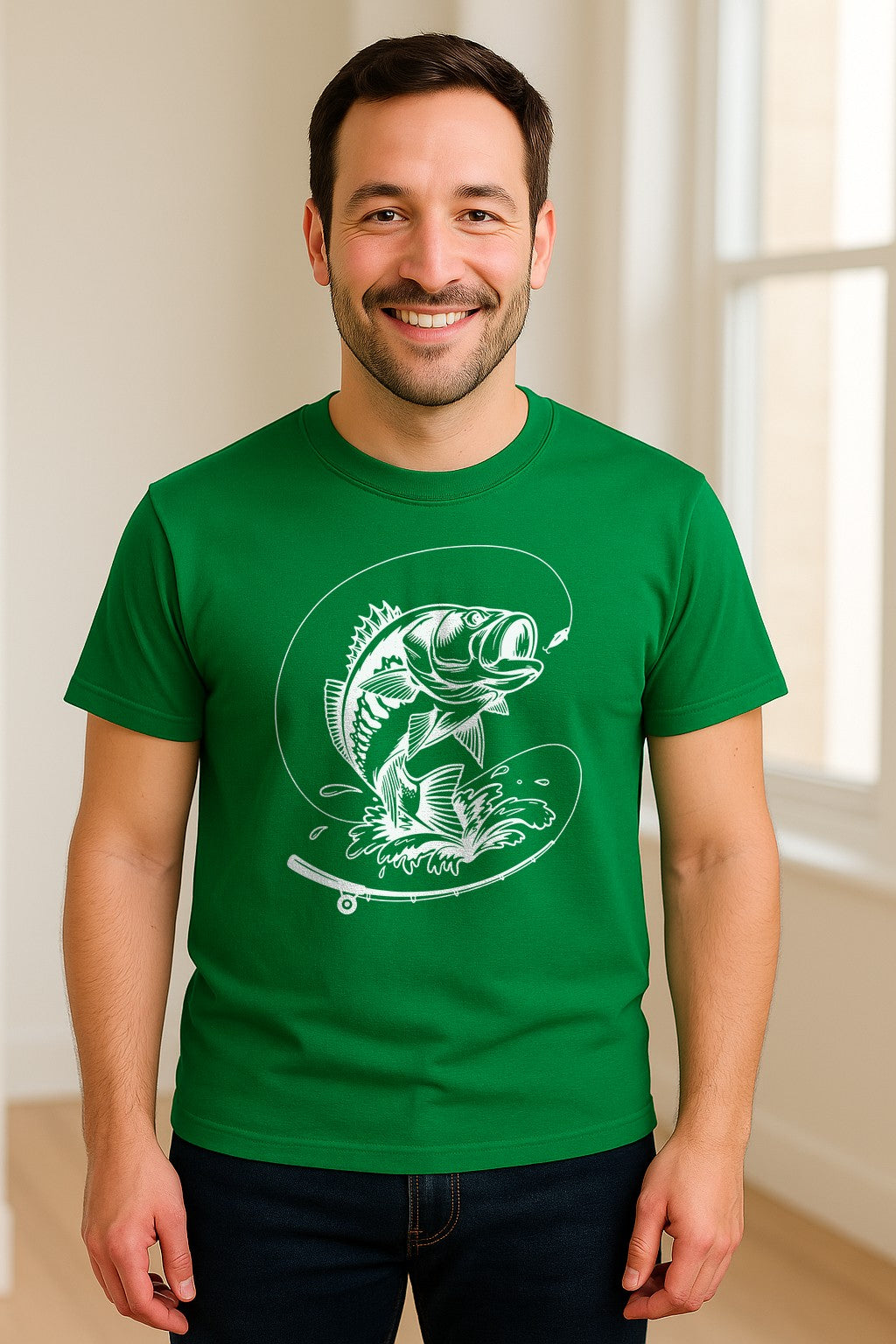 Fishing T-Shirt, Jumping Bass and Rod Graphic for Anglers, Fishermen and Dad Gifts