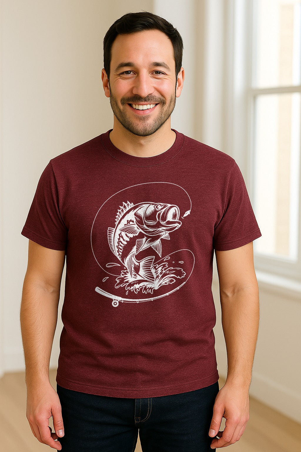 Fishing T-Shirt, Jumping Bass and Rod Graphic for Anglers, Fishermen and Dad Gifts