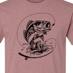 Fishing T-Shirt, Jumping Bass and Rod Graphic for Anglers, Fishermen and Dad Gifts