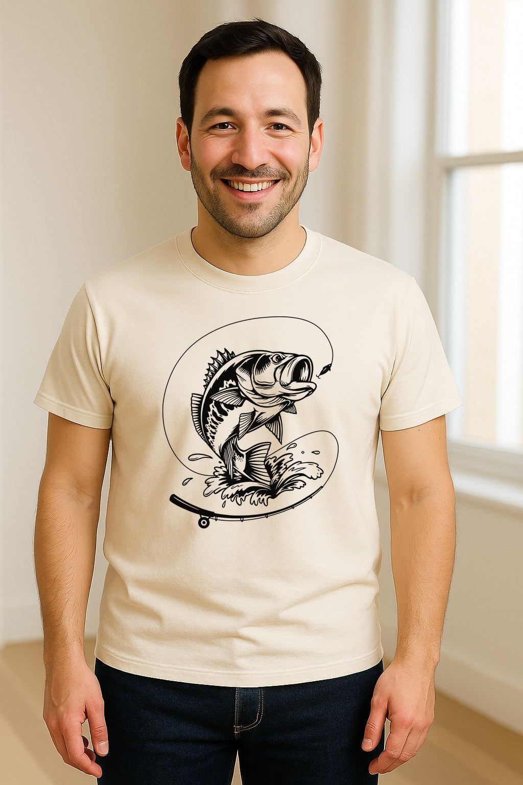 Fishing T-Shirt, Jumping Bass and Rod Graphic for Anglers, Fishermen and Dad Gifts
