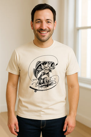 Fishing T-Shirt, Jumping Bass and Rod Graphic for Anglers, Fishermen and Dad Gifts