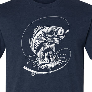 Fishing T-Shirt, Jumping Bass and Rod Graphic for Anglers, Fishermen and Dad Gifts