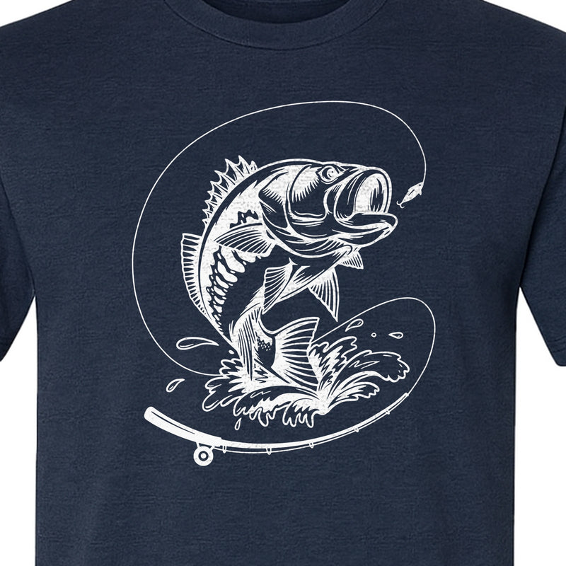 Fishing T-Shirt, Jumping Bass and Rod Graphic for Anglers, Fishermen and Dad Gifts
