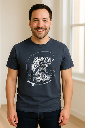 Fishing T-Shirt, Jumping Bass and Rod Graphic for Anglers, Fishermen and Dad Gifts