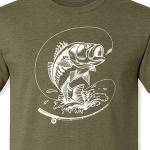 Fishing T-Shirt, Jumping Bass and Rod Graphic for Anglers, Fishermen and Dad Gifts