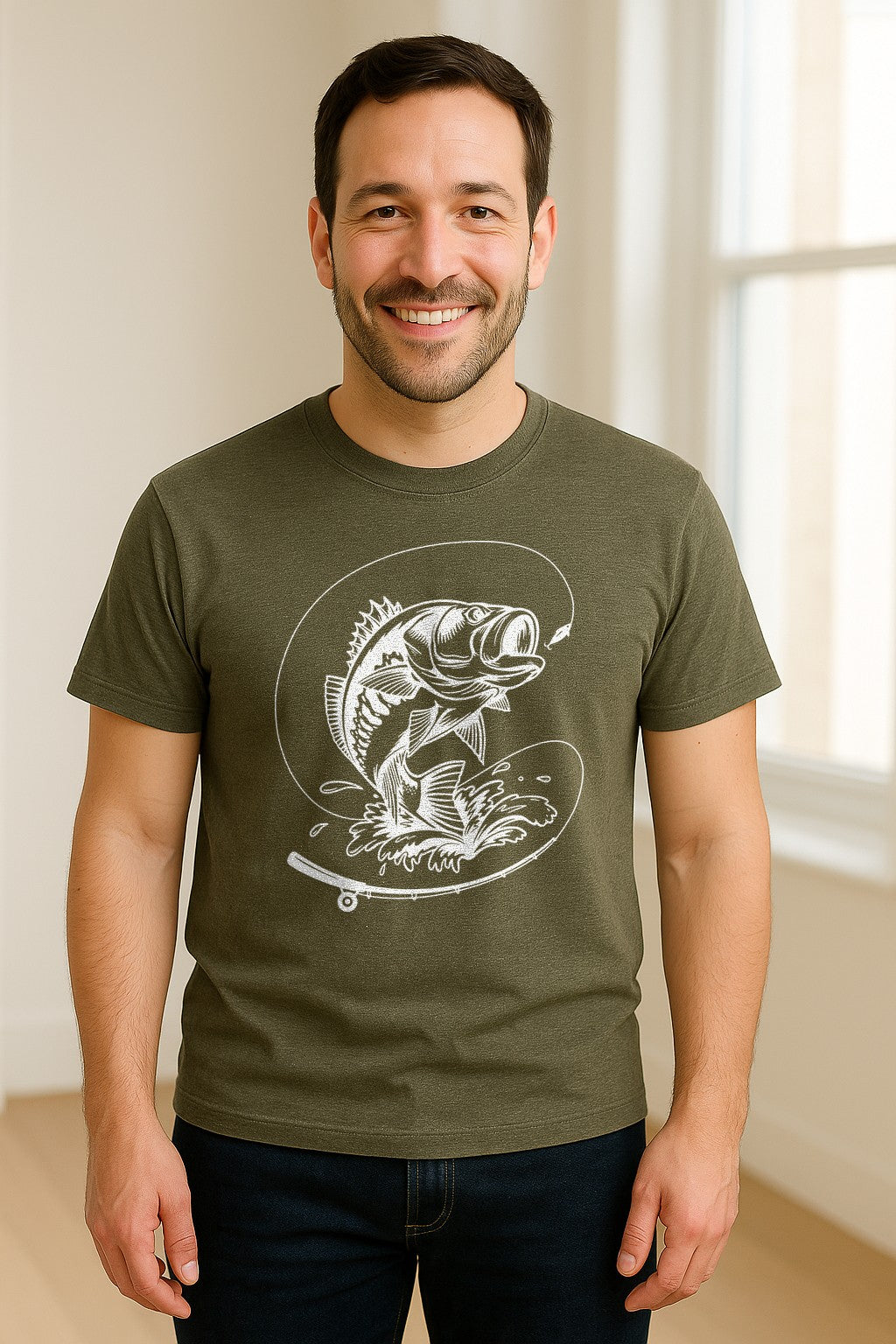 Fishing T-Shirt, Jumping Bass and Rod Graphic for Anglers, Fishermen and Dad Gifts