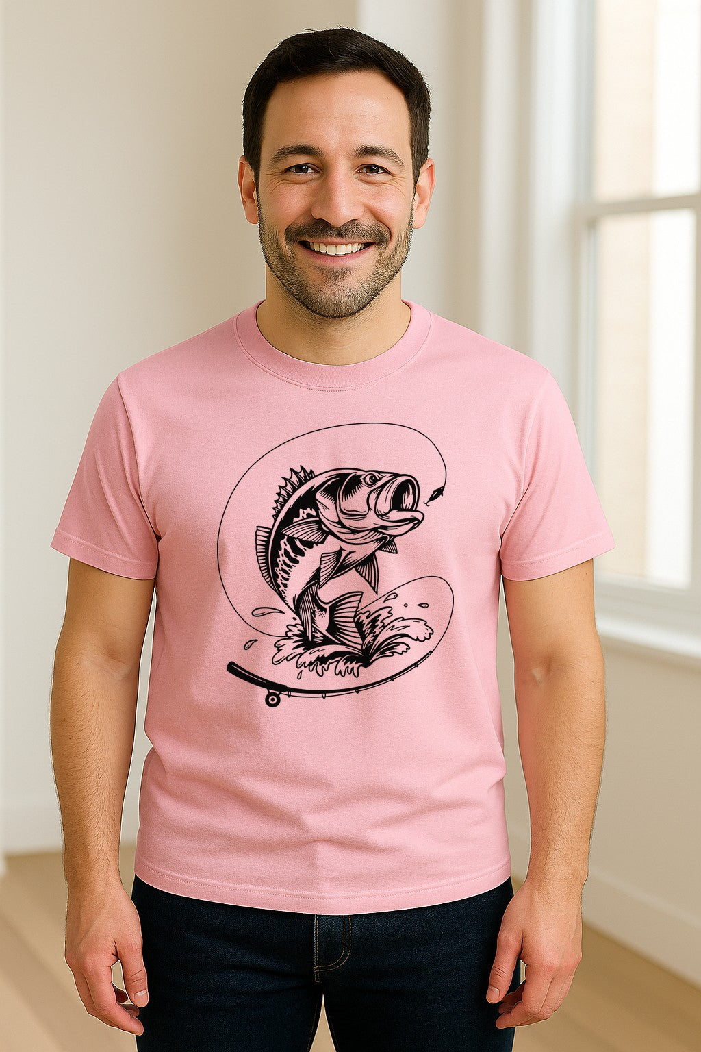 Fishing T-Shirt, Jumping Bass and Rod Graphic for Anglers, Fishermen and Dad Gifts