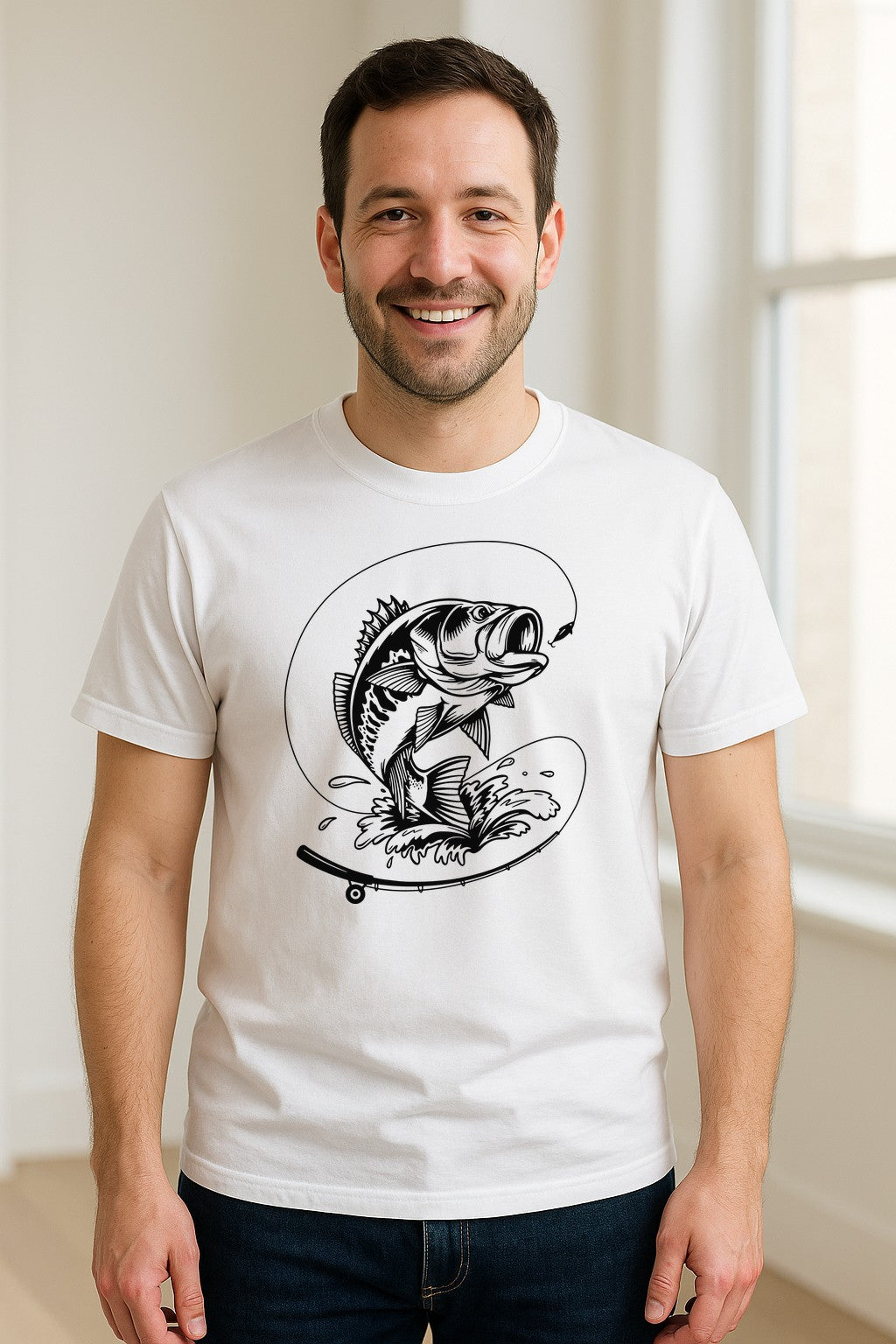 Fishing T-Shirt, Jumping Bass and Rod Graphic for Anglers, Fishermen and Dad Gifts
