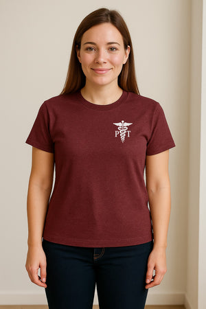 Physical Therapist T-Shirt, Small Left Chest PT Caduceus Design for Therapy Professionals