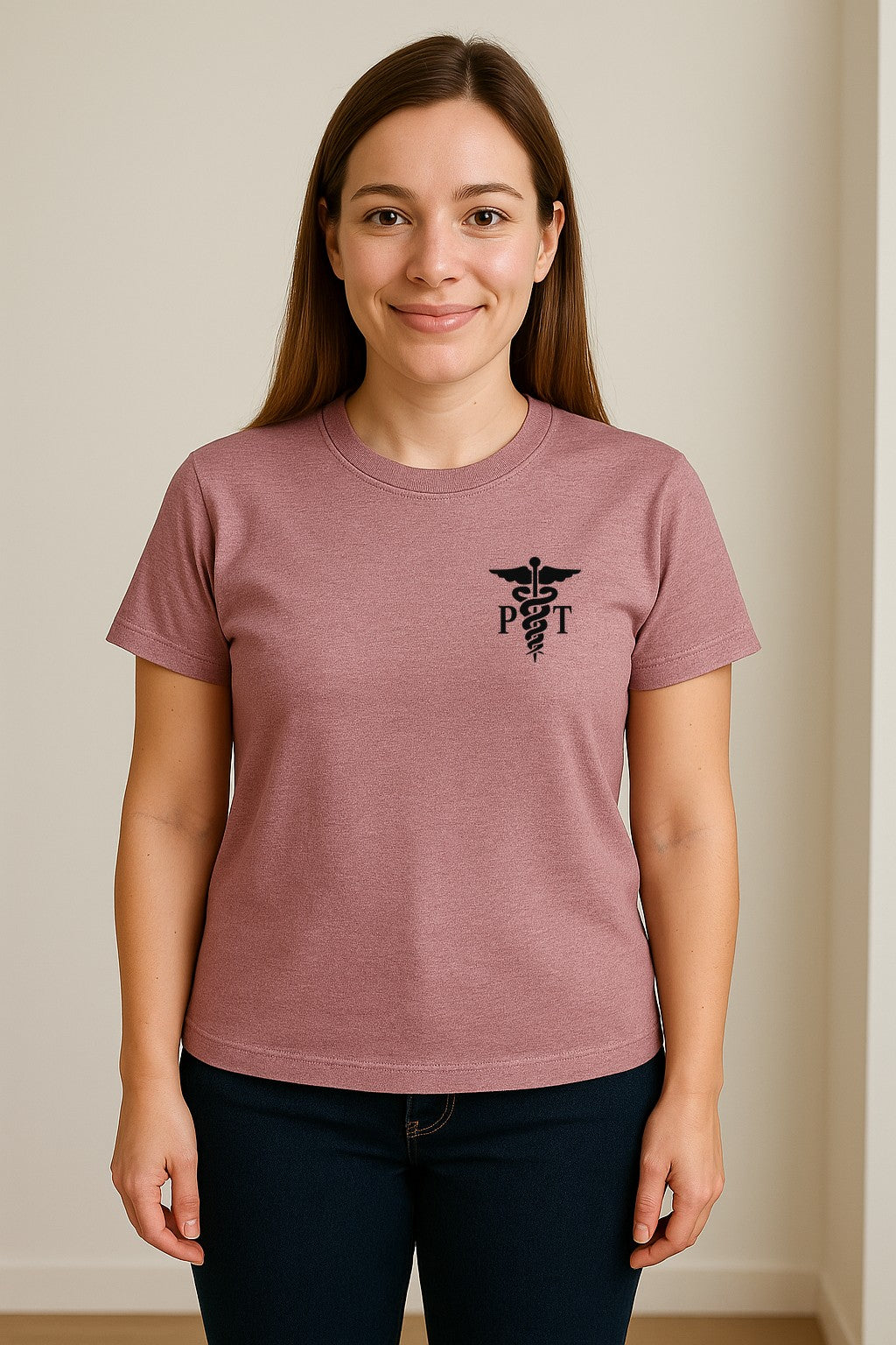 Physical Therapist T-Shirt, Small Left Chest PT Caduceus Design for Therapy Professionals
