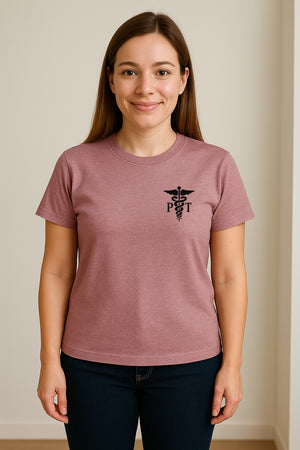 Physical Therapist T-Shirt, Small Left Chest PT Caduceus Design for Therapy Professionals