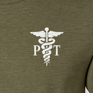 Physical Therapist T-Shirt, Small Left Chest PT Caduceus Design for Therapy Professionals