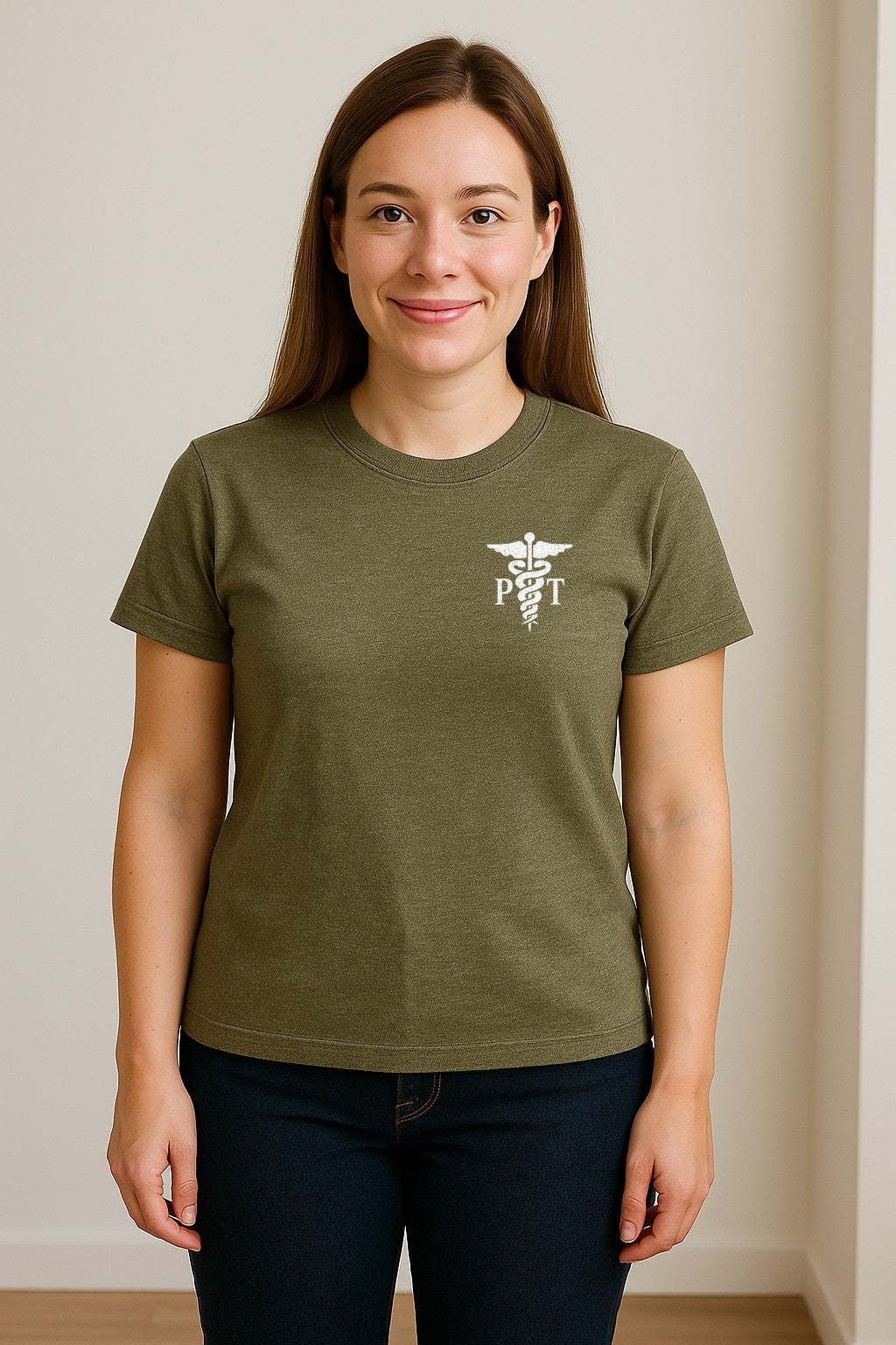 Physical Therapist T-Shirt, Small Left Chest PT Caduceus Design for Therapy Professionals