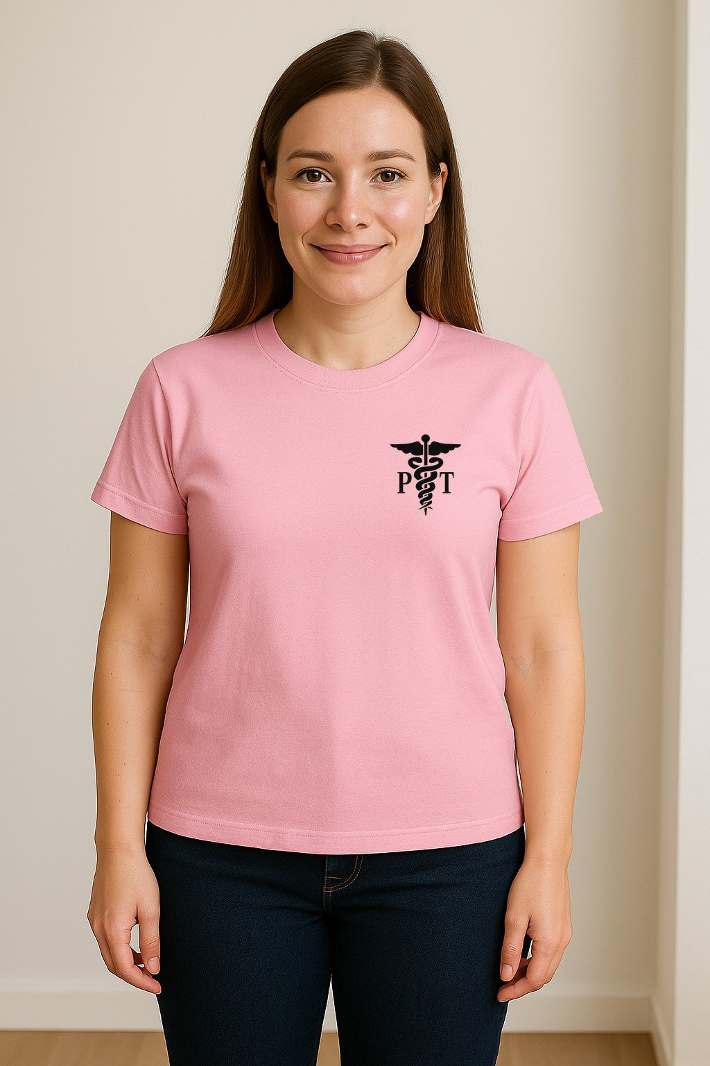 Physical Therapist T-Shirt, Small Left Chest PT Caduceus Design for Therapy Professionals