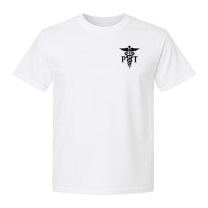 Physical Therapist T-Shirt, Small Left Chest PT Caduceus Design for Therapy Professionals