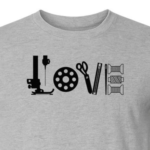 Sewing T-Shirt, Love Machine with Button and Scissors Graphic for Quilters, Seamstresses and Crafters