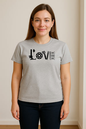 Sewing T-Shirt, Love Machine with Button and Scissors Graphic for Quilters, Seamstresses and Crafters