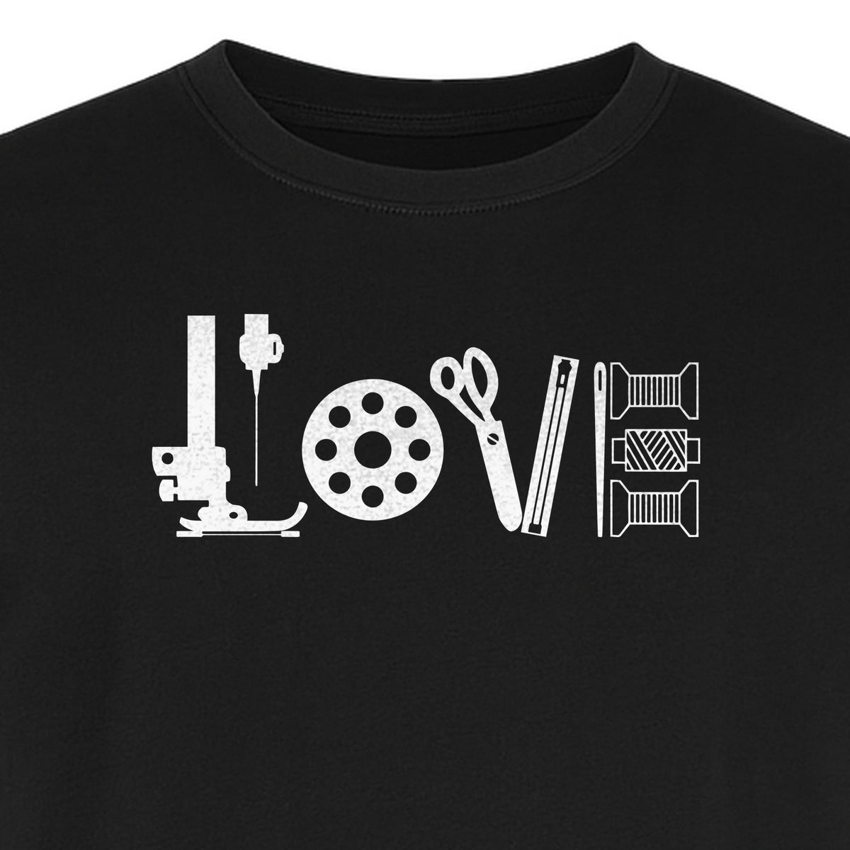 Sewing T-Shirt, Love Machine with Button and Scissors Graphic for Quilters, Seamstresses and Crafters